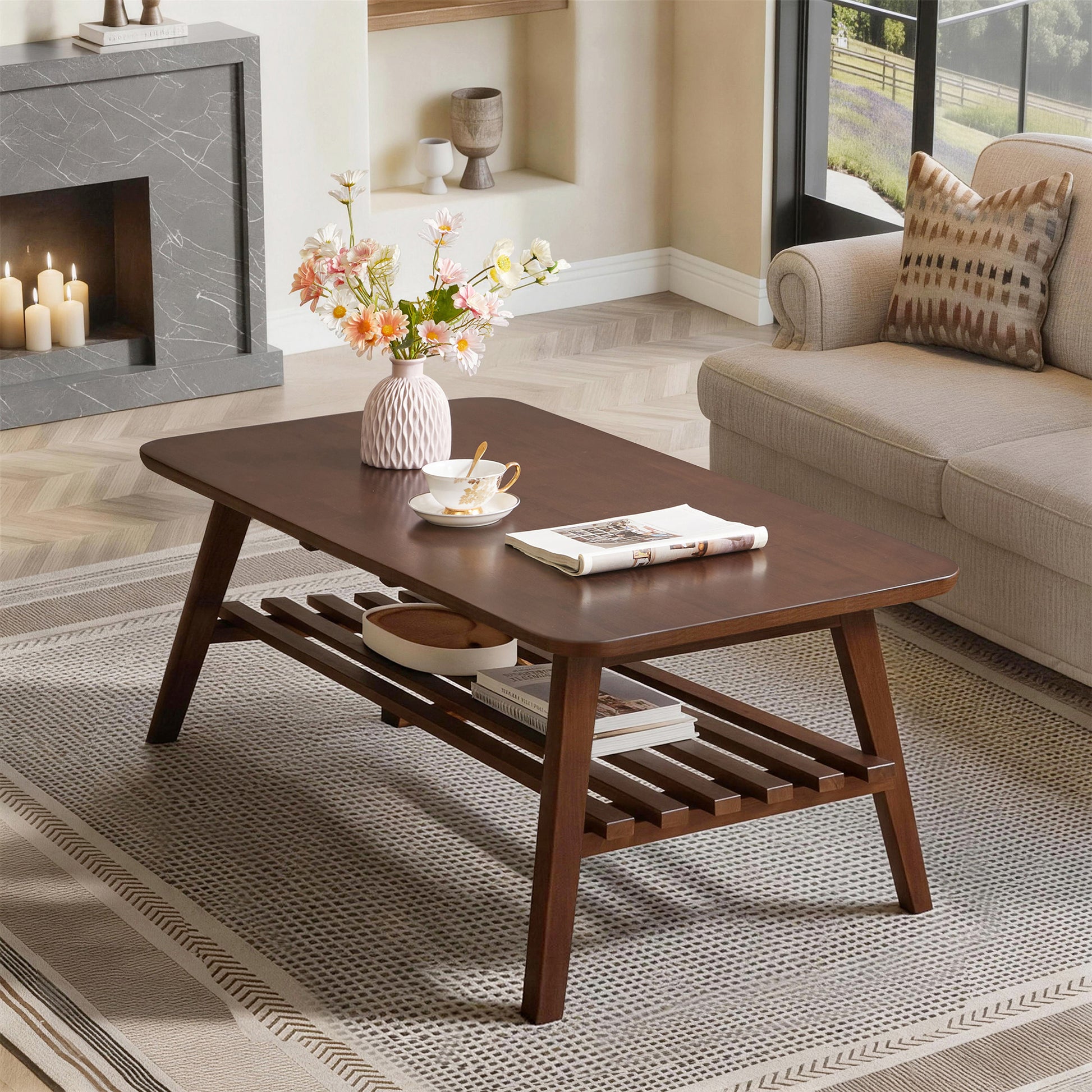 Wooden Coffee Table with Storage Shelf, Mid-Century Rectangular Center Table for Living Room,Walnut Brown image 2