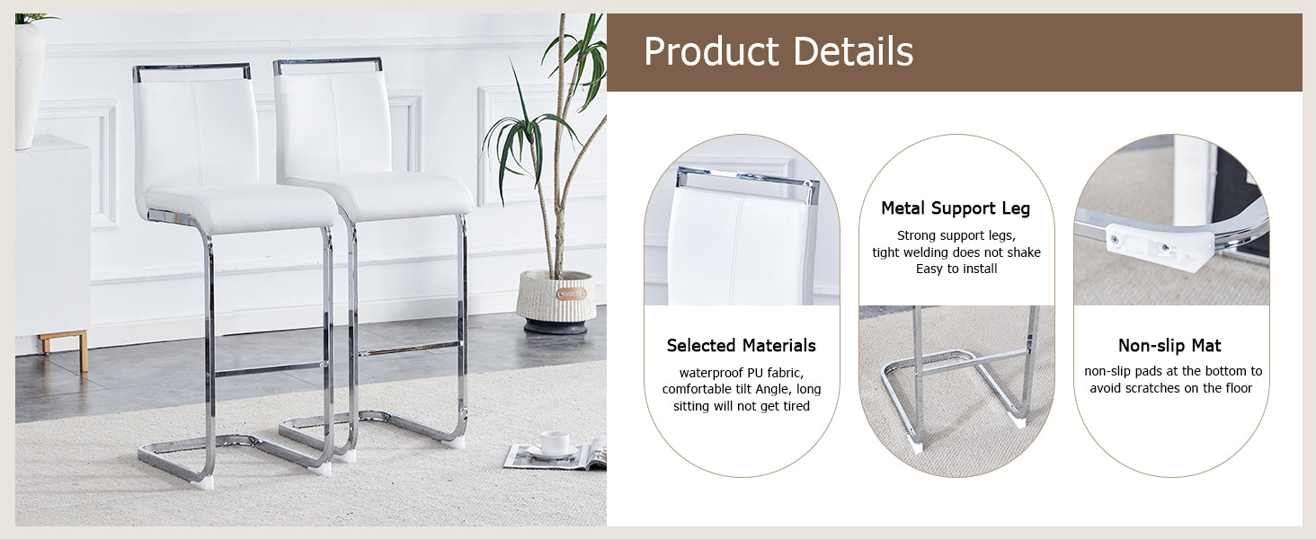 Modern and beautiful bar stool upholstered in PU leather with C-shaped silver metal legs for dining rooms, kitchens, terraces and guest office chairs.(set of 6) (white+PU) image 6