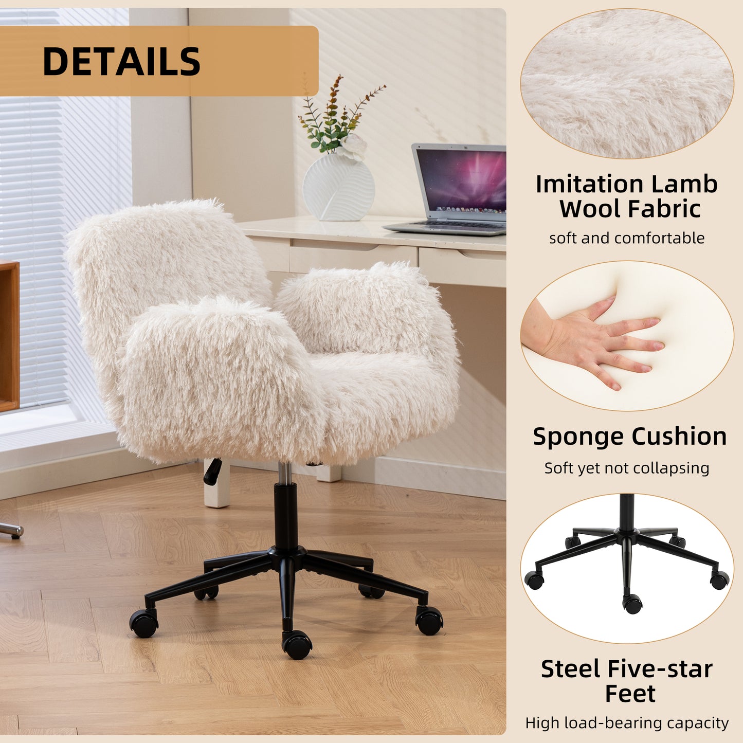 Criss Cross Chair with 5-Gear Adjustable Armrests & Wheels, Ergonomic Thickened Backrest Swivel Desk Chair for Home Office, Vanity, Bedroom and Living Room, Beige Lamb wool image 3
