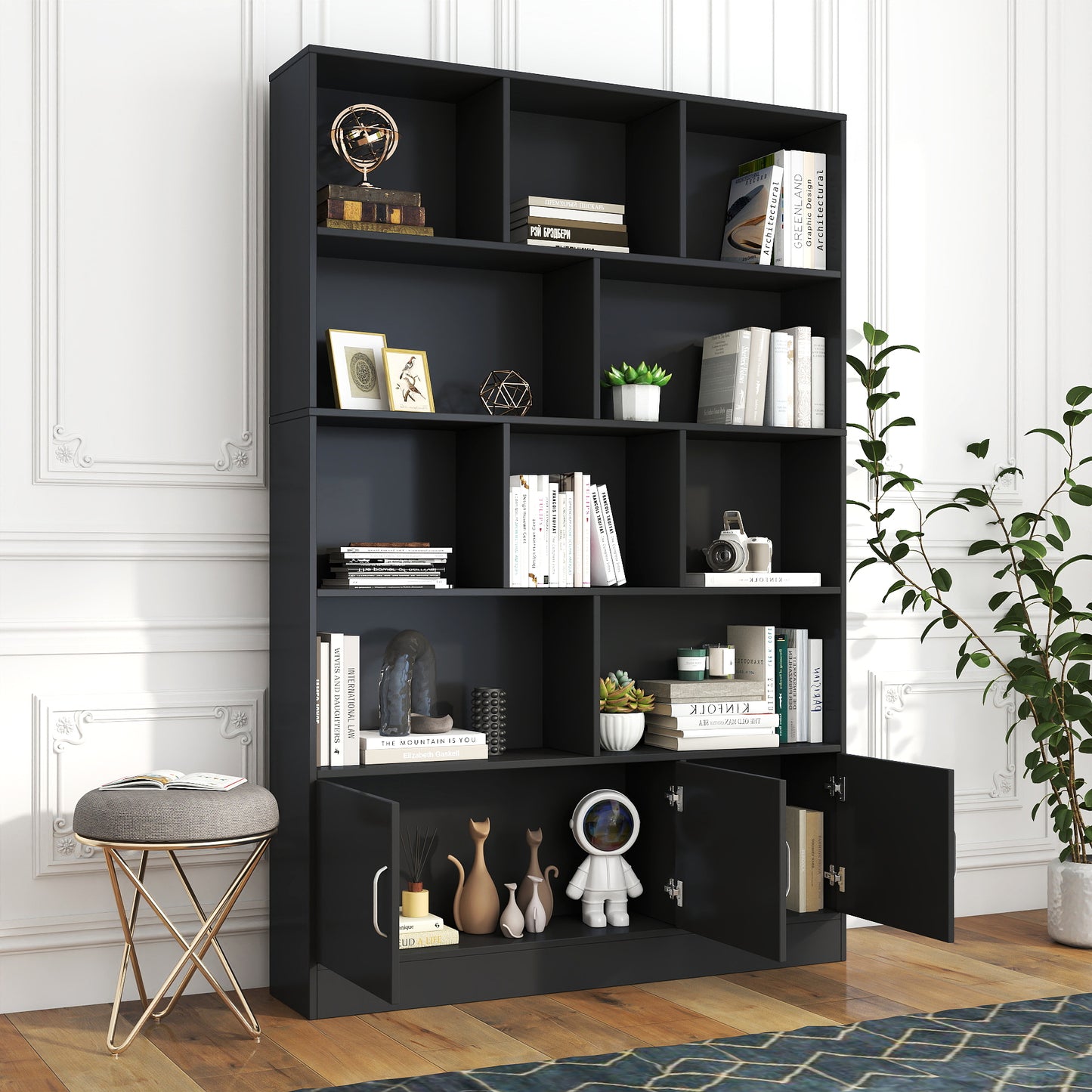 70.87" Tall Bookshelf with 10 Cubes and 3 Doors, 4-Tier Bookshelf, Open Shelf Bookcase with Cabinet, Modern Cube Storage Organizer for Living Room, and Office image 2