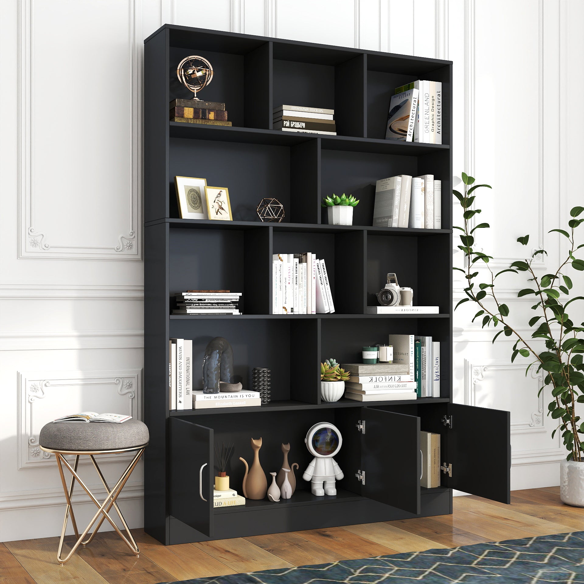 70.87" Tall Bookshelf with 10 Cubes and 3 Doors, 4-Tier Bookshelf, Open Shelf Bookcase with Cabinet, Modern Cube Storage Organizer for Living Room, and Office image 2