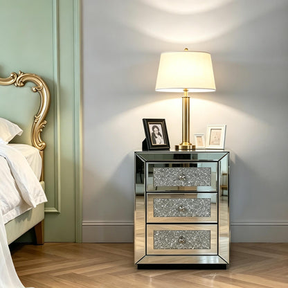 Mirrored Nightstand 3 Drawer, Silver Mirror Finish Bedroom Side Table with Crystal Handles for Living Room, Apartment, Office. Silver. image 4