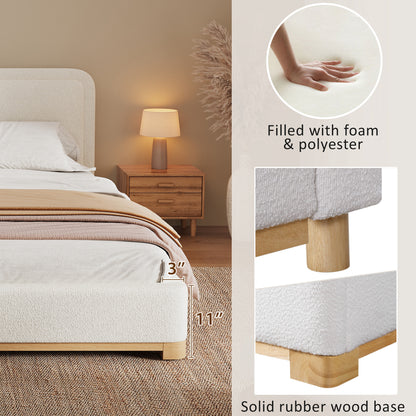 King Size Bed Frame With Boucle Upholstered Curved Headboard, Solid Wood Base And Legs, White image 6