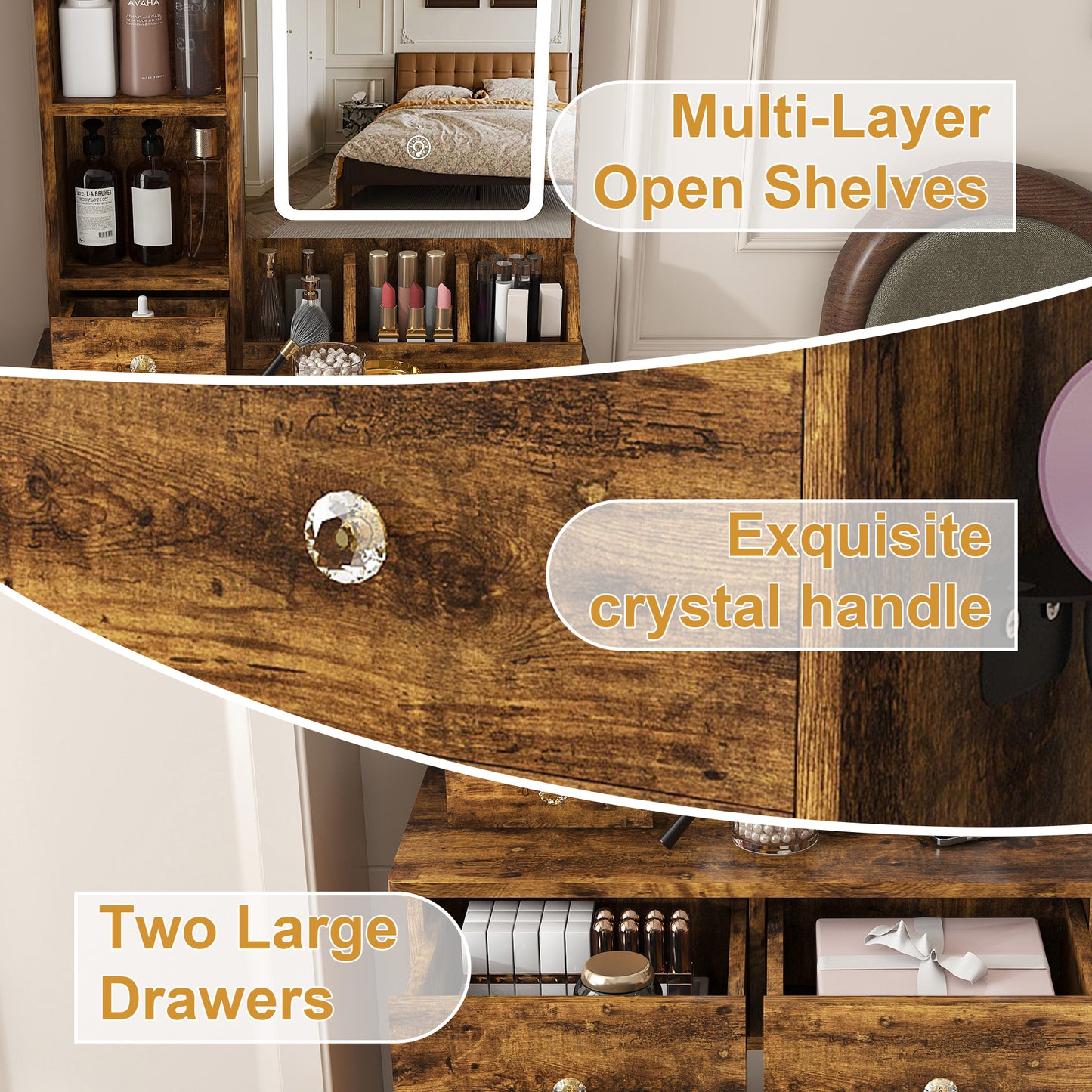 Modern small Vanity Desk,featuring 3 modes of LED lighting with adjustable brightness, 3 drawers and multiple open storage shelves, a hair dryer holder and power socket, and a dressing chair. brown image 7