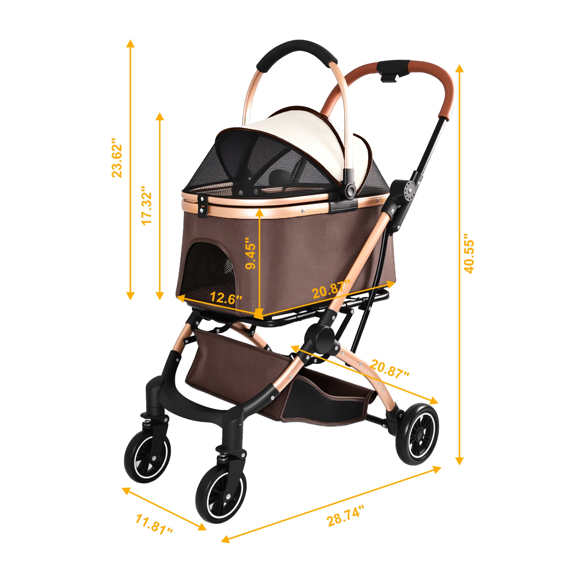 Pet Stroller for Dogs and Cats, 2-in-1 Detachable Foldable 4 Wheels Pet Stroller, Quick One-Hand Fold, Storage Basket, Detachable Carry Basket with Sun Canopy(Khaki++Gold) image 2
