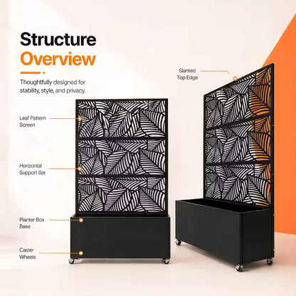 70.87" H × 46.06" W Leaf Pattern Privacy Screen with Planter Box, Black Metal Freestanding Decorative Fence Planter for Patio Balcony Backyard image 10