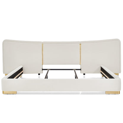 King Size Extra Large Platform Bed, Soft Chenille Fabric Frame, Curved Headboard, Reinforced Electroplated Metal Legs, Flexible DIY Side Space Design-Beige image 11