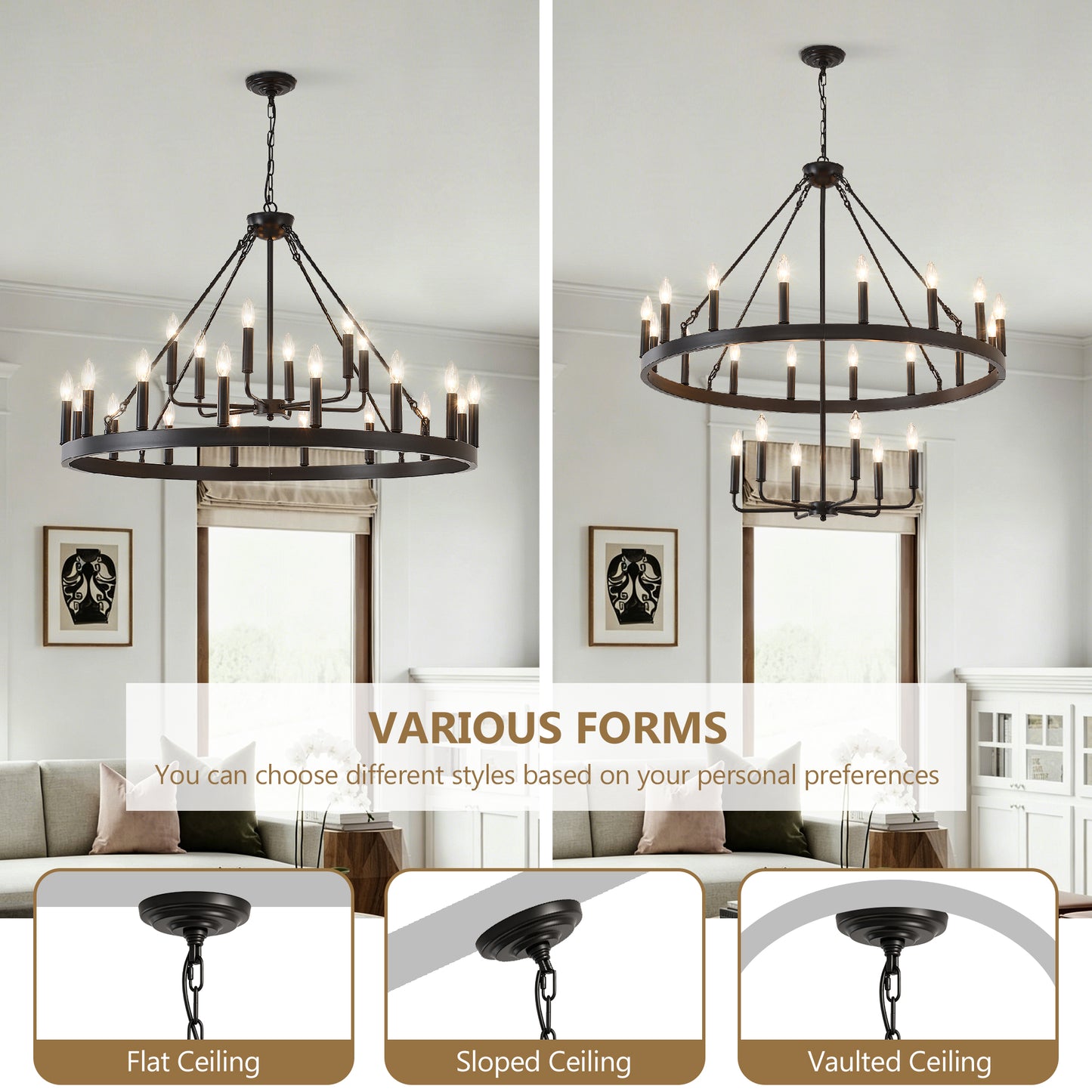 40'' 2 Tier Wagon Wheel Chandelier 16+6)22-Lights Farmhouse Industrial Country Style Round Pendant Light Fixture for Outdoor Porch high Ceilings Living Dining Room Foyer Entryway-BLACK image 6