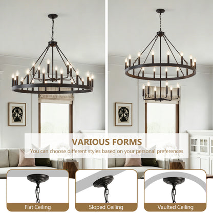 40'' 2 Tier Wagon Wheel Chandelier 16+6)22-Lights Farmhouse Industrial Country Style Round Pendant Light Fixture for Outdoor Porch high Ceilings Living Dining Room Foyer Entryway-BLACK image 6
