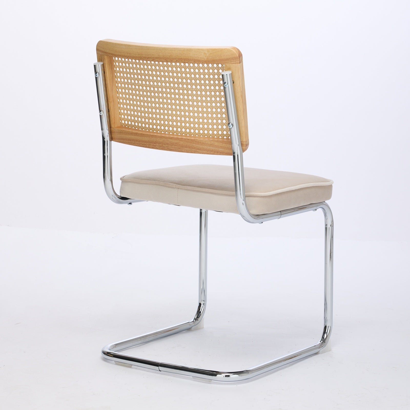 Mid Century Modern Dining Chairs Set of 2, Velvet Accent Chairs with Natural Cane Back & Stainless Chrome Base, Famous Breuer Designed Chairs, Upholstered Rattan Kitchen Chairs,Beige image 5