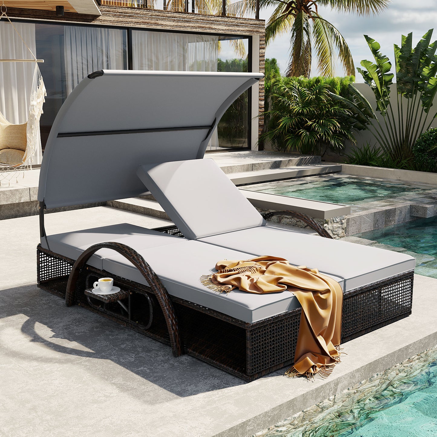 U_STYLE Outdoor Steel Frame Sun Lounger with Adjustable Backrest,Patio Double Sunbed with Hidden Side Table and Arched Armrests,Suitable for Patio Pool Deck,Garden,Backyard image 1