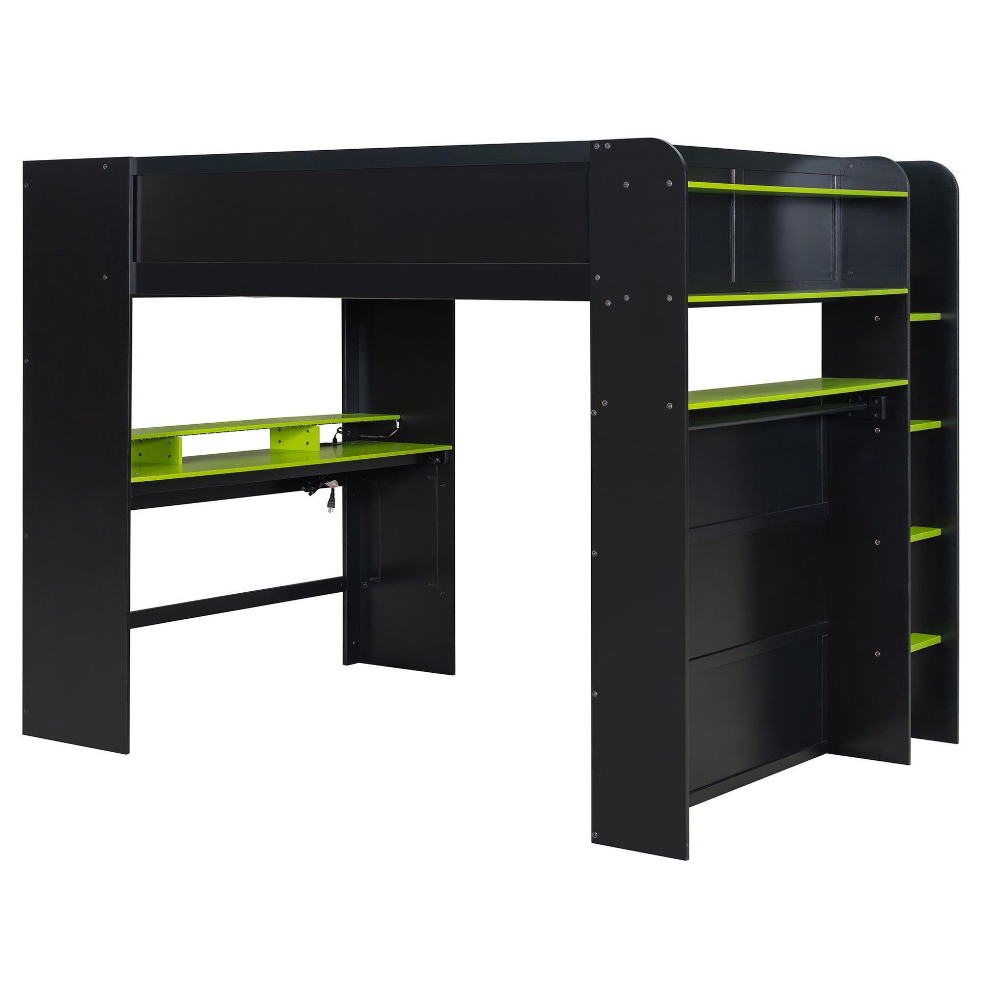 Full Size Wood Bunk Bed with height-adjustable Desk,Wardrobe,Ample Storage Space,and RGB Light, Green(OLD SKU:LT000266AAG) image 10