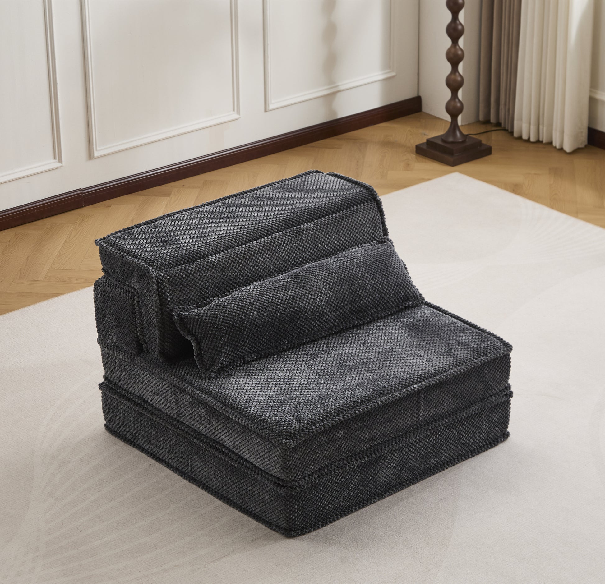 Compression Mahjong Sofa,Convertible Floor Sofa Bed,DIY Boneless Modular Sectional Sofa,No Assembly Required,Circle fleece fabric,Oversized Single Sofa with 1 Pillow,Dark Grey image 1