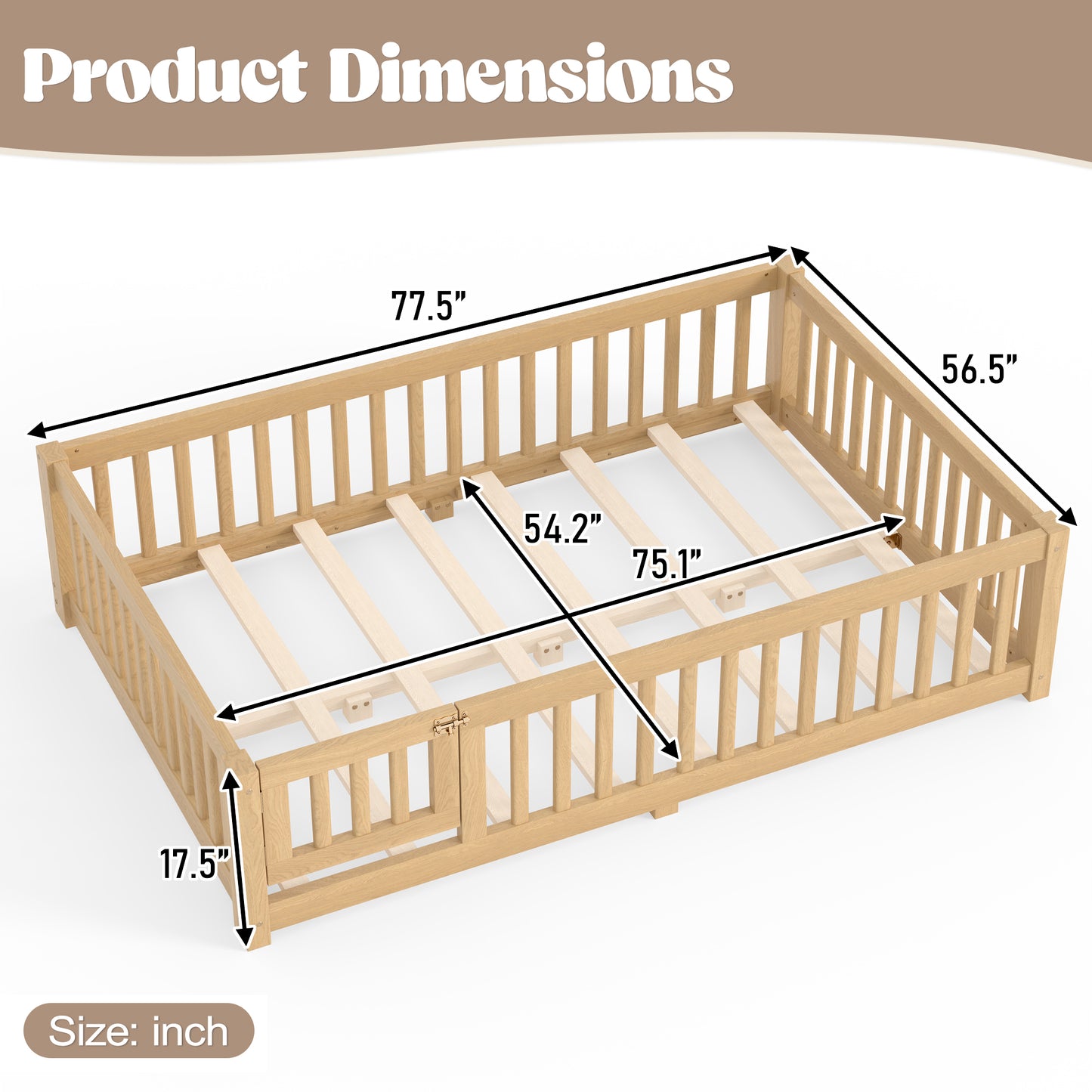 Full Size Bed Floor Bed with Safety Guardrails and Door for Kids, Natural image 6