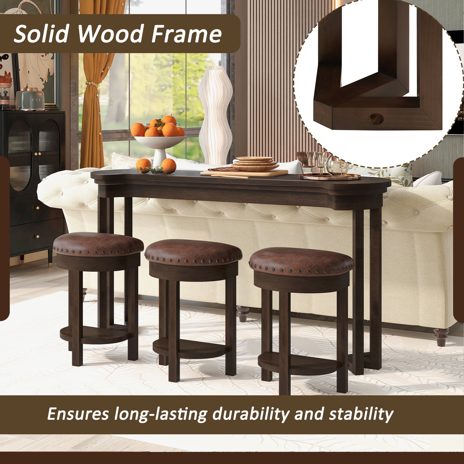 4 Piece Bar Table Set with3 PU Upholstered Bar Stools, Breakfast Table with 3 Padded Stools Solid Wood Counter Height Dining Table Set for Living Room, Dining Room. Espresso image 3