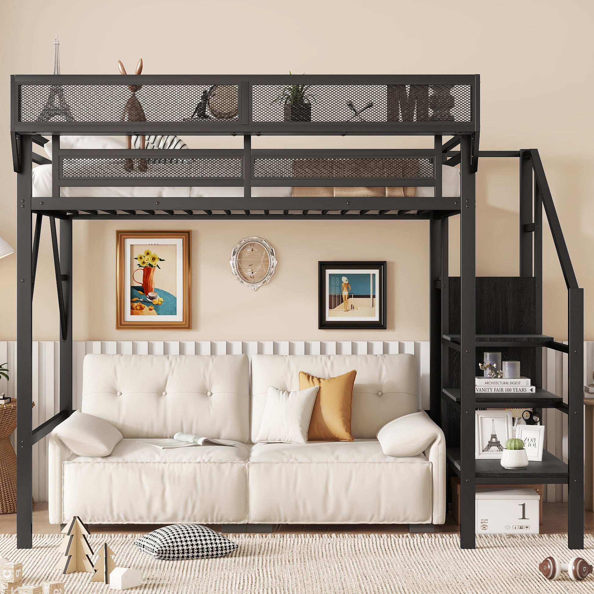 Twin Size Loft Bed with Stairs, Metal Full Loft Bed with Storage Shelves, High Loft Bed with Wardrobe for Kids Teens, Black image 3