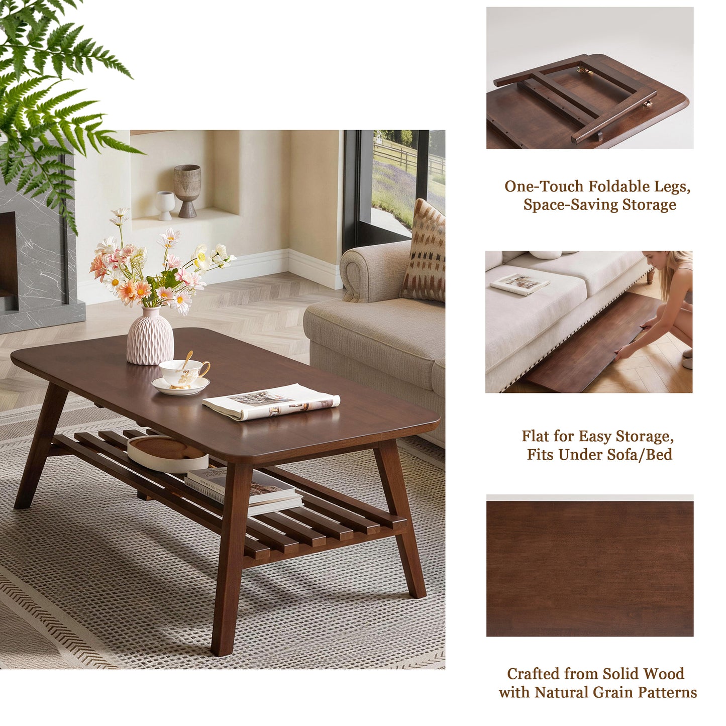 Wooden Coffee Table with Storage Shelf, Mid-Century Rectangular Center Table for Living Room,Walnut Brown image 5