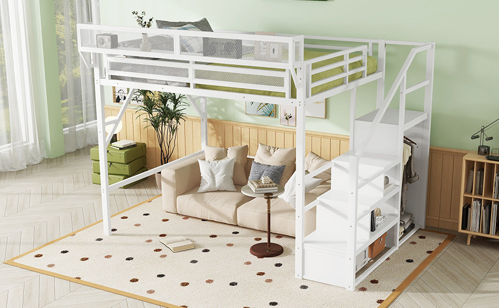 Queen Size Loft Bed with Stairs, Metal Queen Loft Bed with Storage Shelves, High Loft Bed with Wardrobe for Kids Teens, White, Patent Products image 10