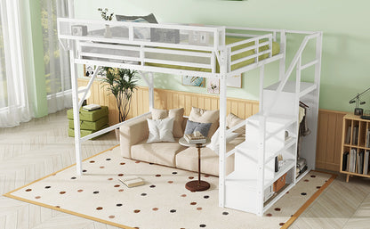 Queen Size Loft Bed with Stairs, Metal Queen Loft Bed with Storage Shelves, High Loft Bed with Wardrobe for Kids Teens, White, Patent Products image 10
