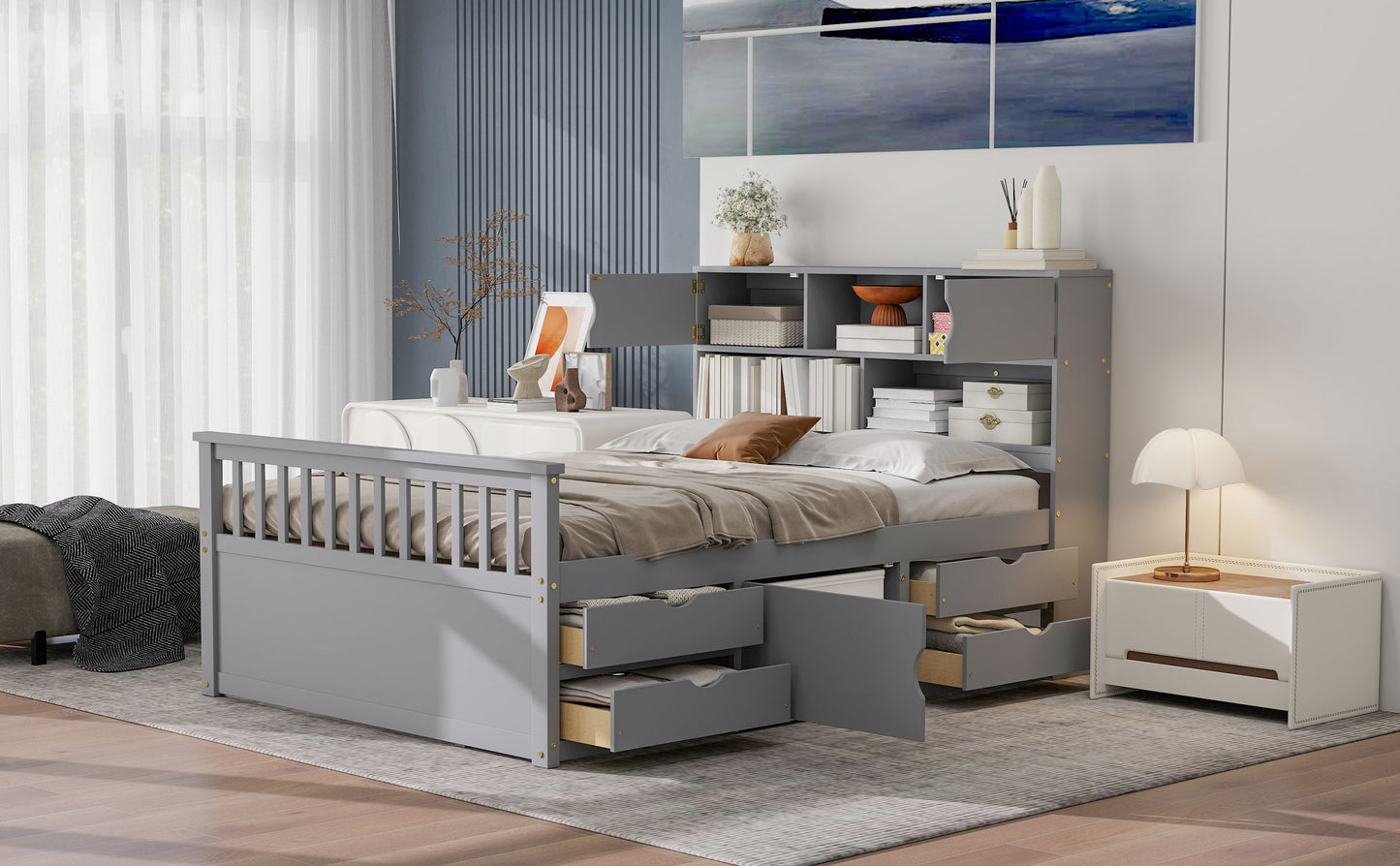 Full Size Captain Platform Bed Frame with Storage Bookcases and Shelves,Four Drawers,Gray image 6