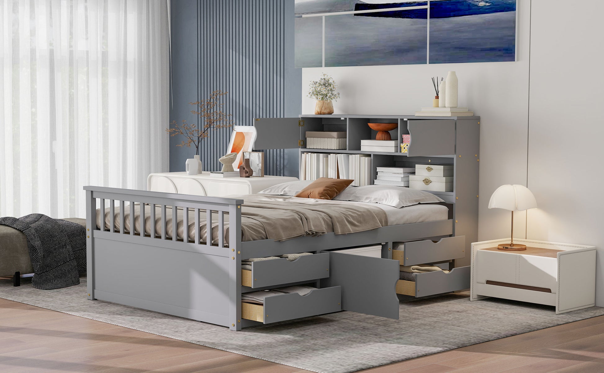 Full Size Captain Platform Bed Frame with Storage Bookcases and Shelves,Four Drawers,Gray image 6