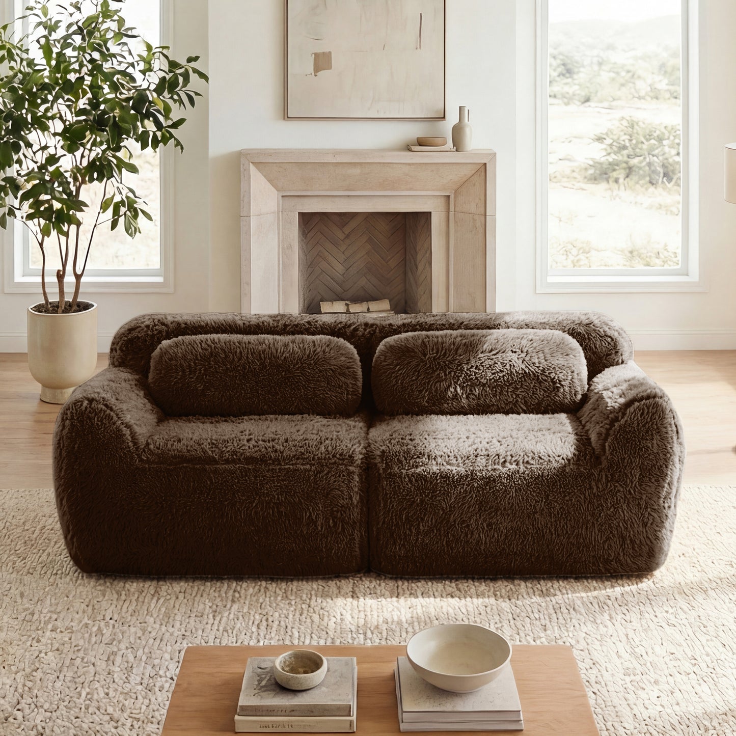 2-seater Modular Sectional Sofa Couches,Soft Fluffy Plush Fabric Bottom Anti-Slip Design,32D High Density Sponge,No Assembly Required Ergonomic Design,With Throw Pillows Fits Living Rooms,Chocolate image 1