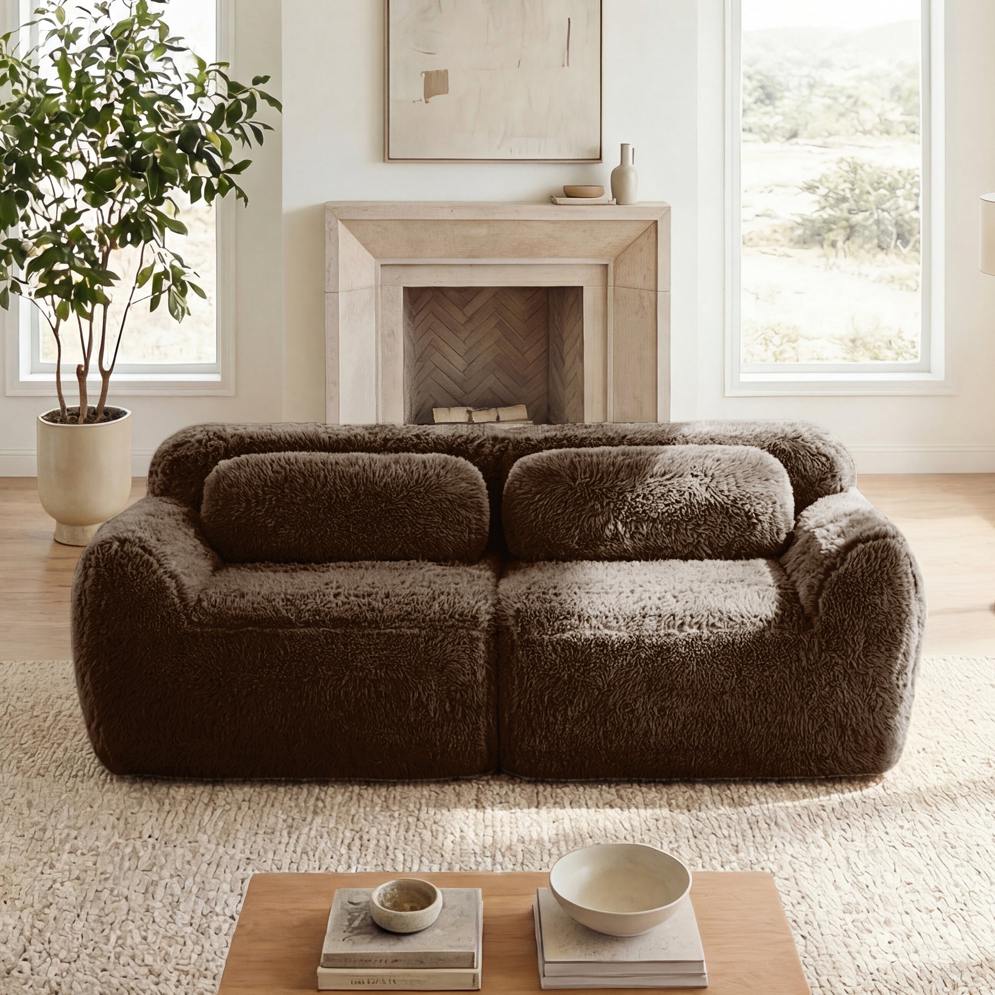 2-seater Modular Sectional Sofa Couches,Soft Fluffy Plush Fabric Bottom Anti-Slip Design,32D High Density Sponge,No Assembly Required Ergonomic Design,With Throw Pillows Fits Living Rooms,Chocolate image 1