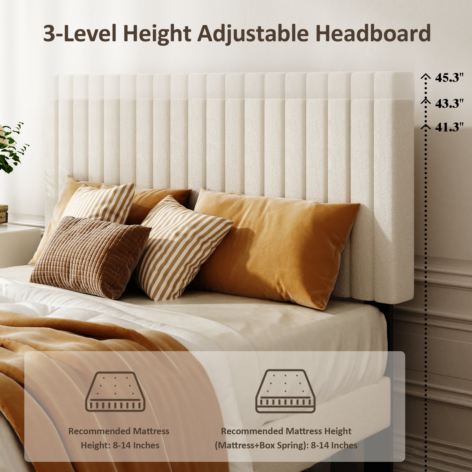 Queen Size Bed frame, Velvet Upholstered Platform Bed with Height-Adjustable Headboard, Sturdy Frame and Alats, Quiet Design, No-Spring Mattress Compatible, Easy to Assemble, Beige image 5