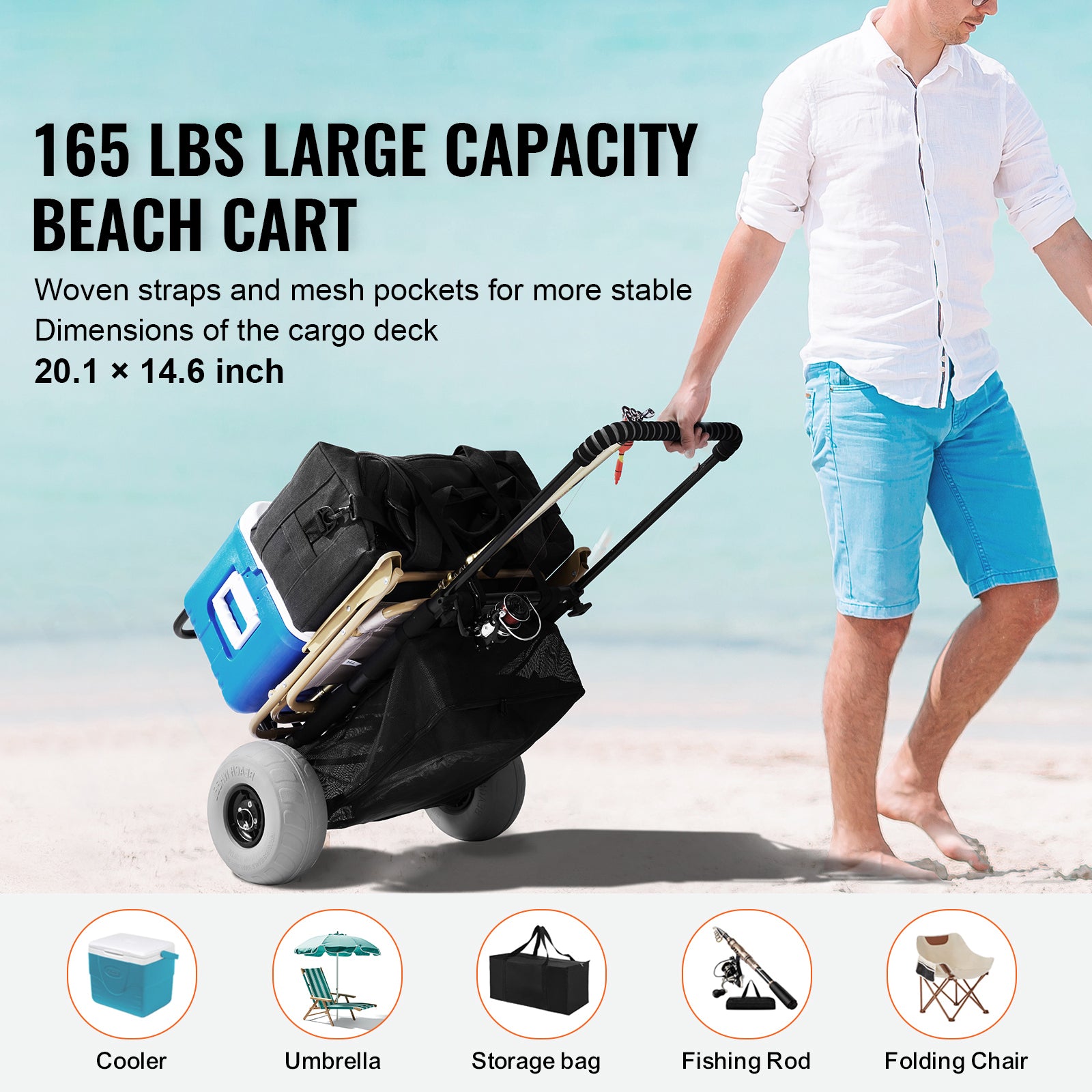 Beach Dolly with Big Wheels for Sand, 20.1" x 14.6" Cargo Deck, w/ 9" Balloon Wheels, 165LBS Loading Capacity Folding Sand Cart & 27.2" to 44.9" Adjustable Height, Heavy Duty Cart for Beach image 5
