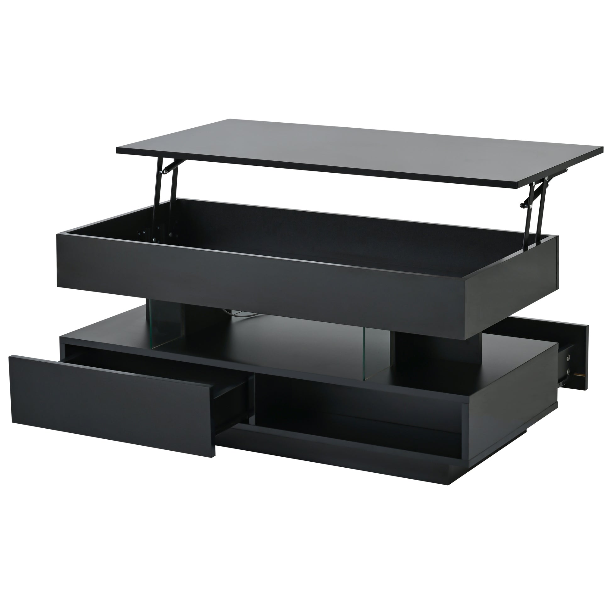 39.3" Lift Top Coffee Table with Hidden Compartment, 2 Storage Drawers and Ajustable LED Lights,Modern Multifunction Coffee Tables for Living Room, Bedroom,Office(Black) image 2