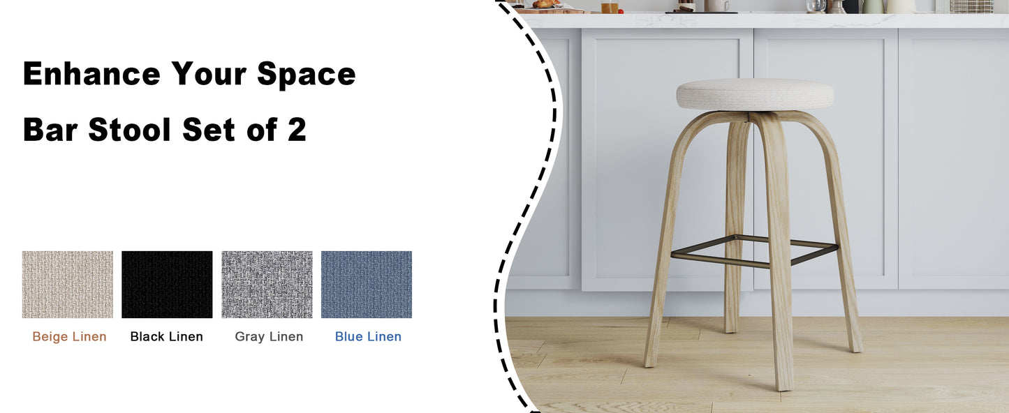 AILUNWALL Swivel Bar Stools Set of 2, Bar Height Backless 30″ Bar Stool, Fabric Upholstered Seat, Sturdy Wood Legs and Metal Footrest, Mid-Century Modern Island Stool for Home Bars, Restaurants, Beige image 9