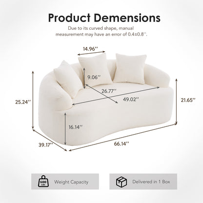 LY-025S Curved Loveseat White Full Compression Sponge Sofa, 30D Chenille No-Assembly Compact Sofa for Small Spaces & Apartments, 65"L, 300 lbs, 3 Pillows image 2