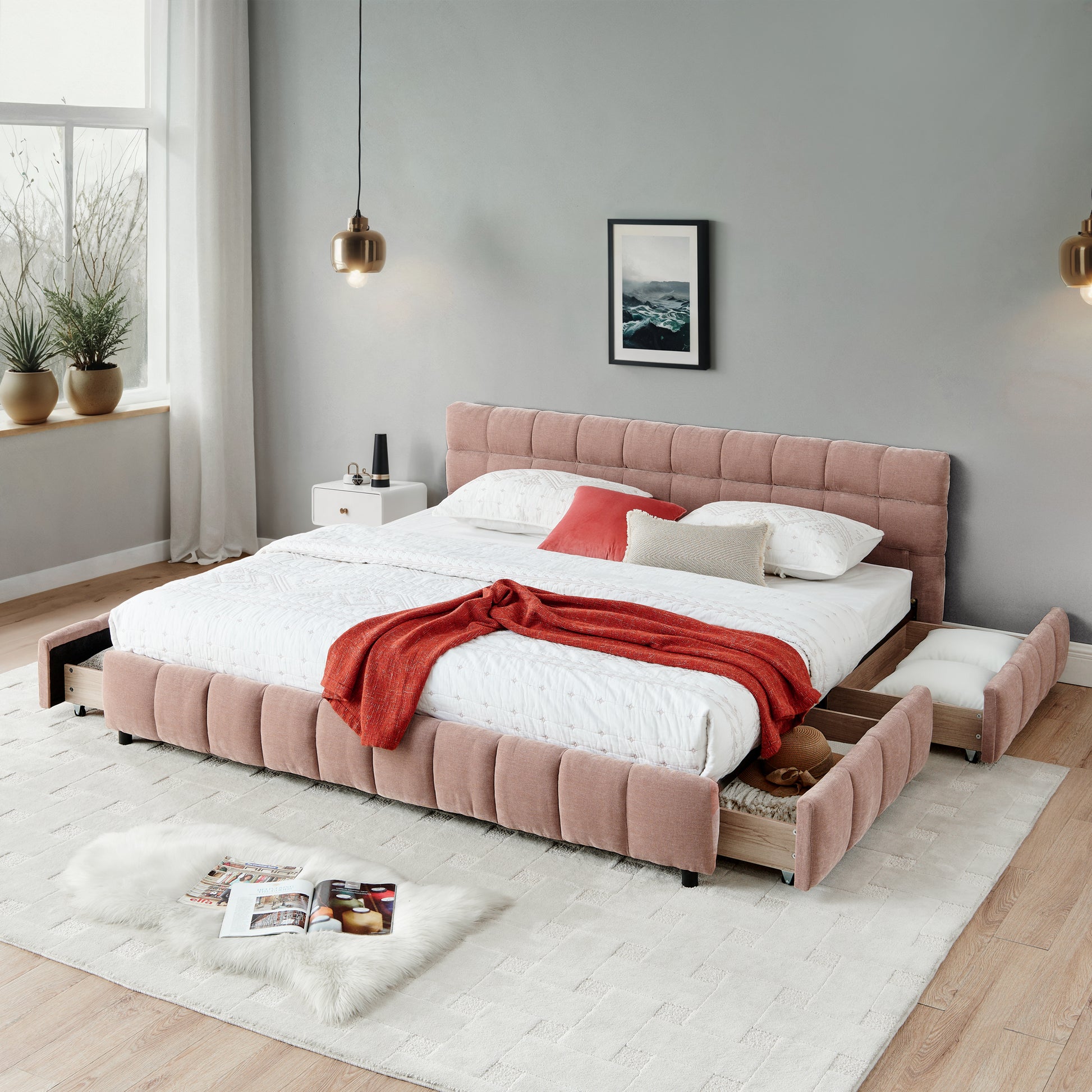California King size Upholstered Bed,comfortable upholstered bed frame, Chenille fabric, with headboard and solid bed frame. With drawer for storage.-Pink(90.5''*80.5''*31'') image 1