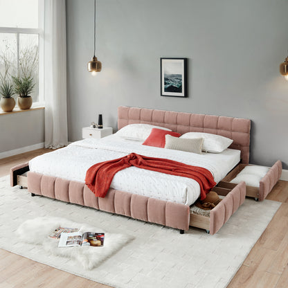 California King size Upholstered Bed,comfortable upholstered bed frame, Chenille fabric, with headboard and solid bed frame. With drawer for storage.-Pink(90.5''*80.5''*31'') image 1