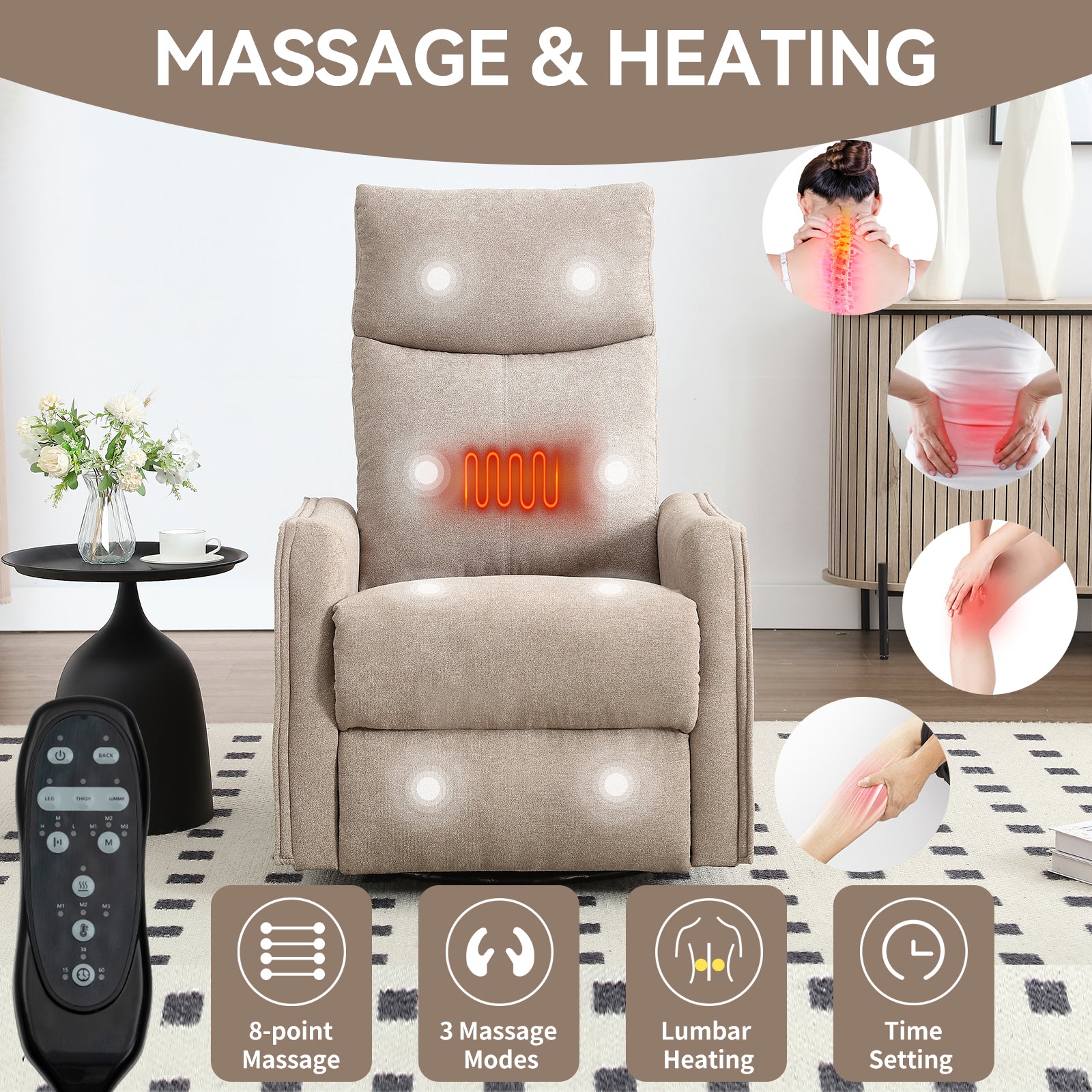 Heat Massage Manual Recliner Chair with Rocker and Swivel in Fabric for Living Room, Khaki image 8