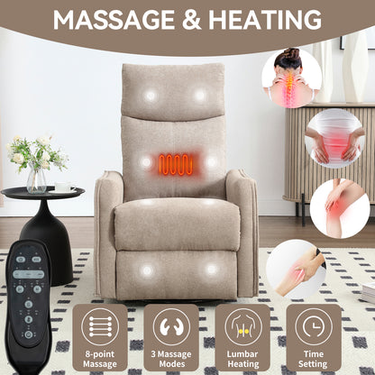 Heat Massage Manual Recliner Chair with Rocker and Swivel in Fabric for Living Room, Khaki image 8