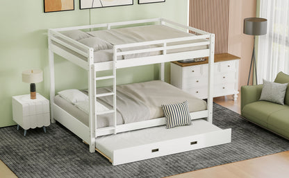 Wood Queen Size Bunk Bed with Ladder and Trundle, White image 4