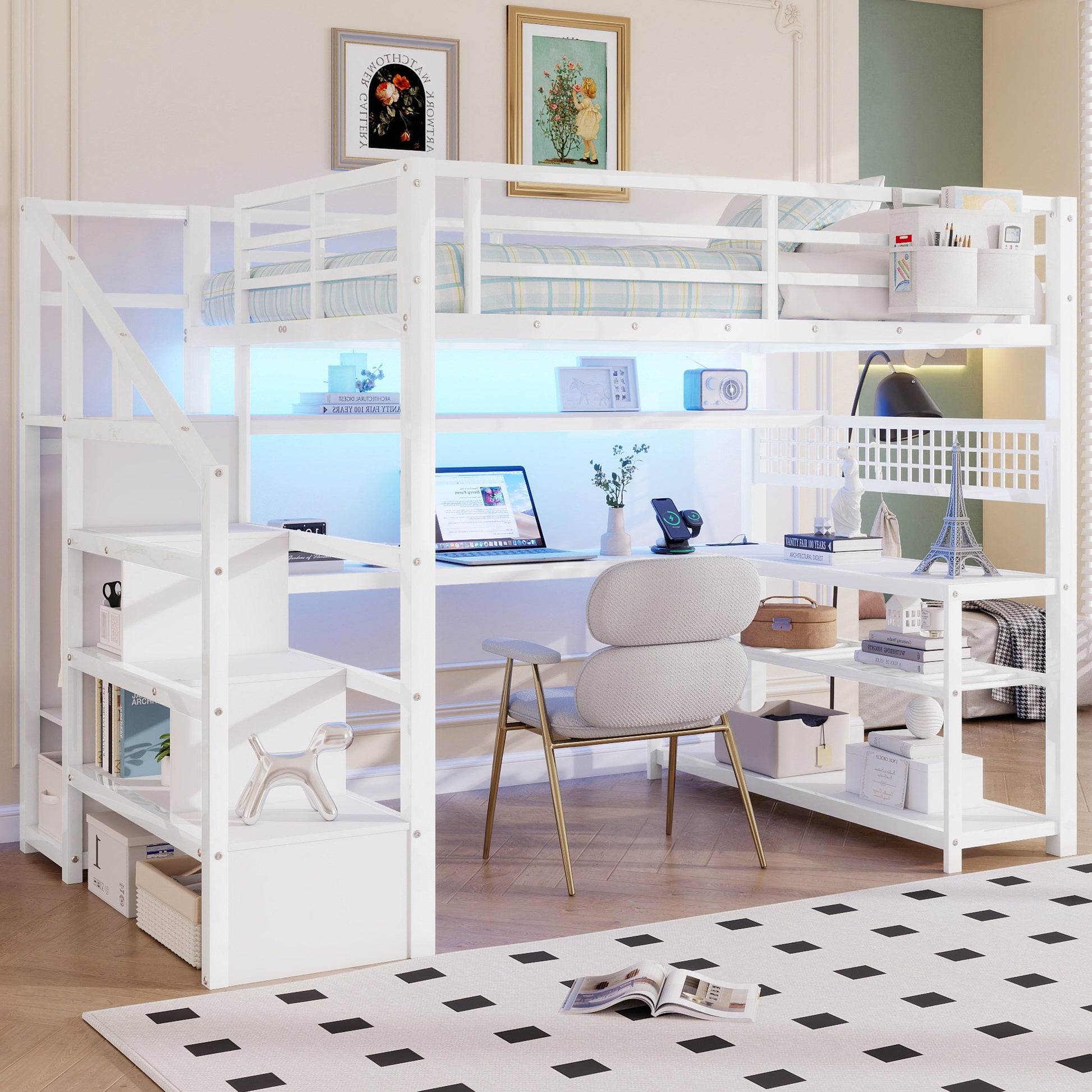 Full Size Loft Bed with Staircase and Wardrobe, Metal Loft Bed with Desk, Storage Shelves, LED Lights and Charge Station,White(Expect Arrival Date 2026/5/9 Old SKUW2593S00059) image 3