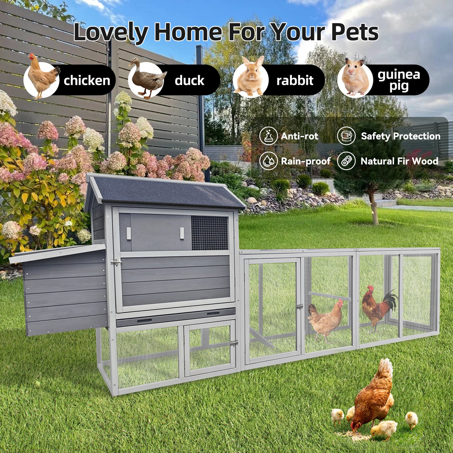 large main house, Gray Wooden Chicken Coop, Large Outdoor Hen House with Run and Nesting Box Poultry Cage, Rabbit Hutch, Waterproof Anti-UV Panel for Backyard image 9