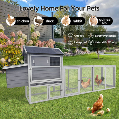 large main house, Gray Wooden Chicken Coop, Large Outdoor Hen House with Run and Nesting Box Poultry Cage, Rabbit Hutch, Waterproof Anti-UV Panel for Backyard image 9