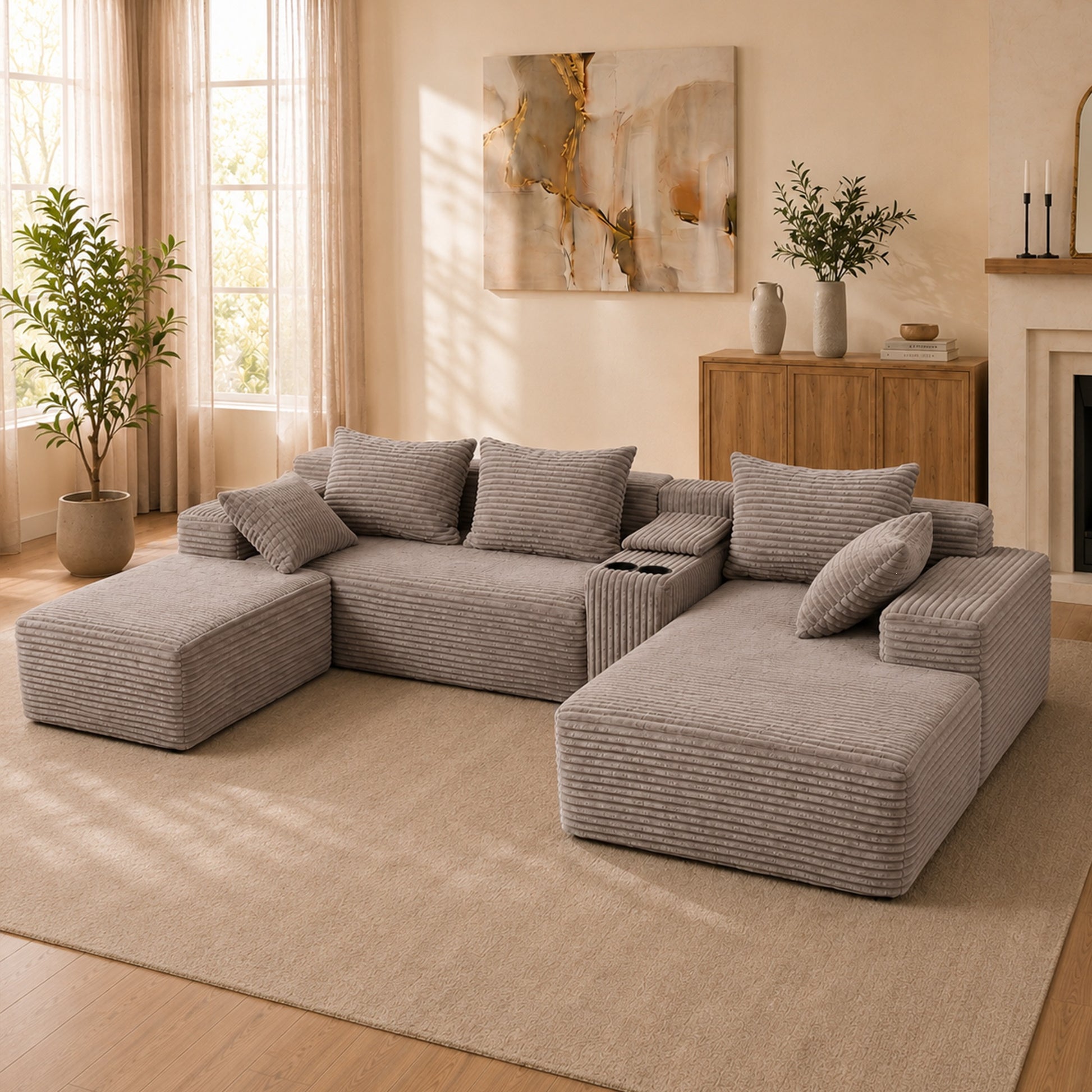 Advanced Corduroy U-shaped Modular Segmented Sofa, Large Sitting Depth Convertible Form, with Cup Holder and Storage Space, Modern Nordic Comfortable L-shaped Sofa Bed, Suitable for Large Living Rooms image 8