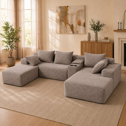 Advanced Corduroy U-shaped Modular Segmented Sofa, Large Sitting Depth Convertible Form, with Cup Holder and Storage Space, Modern Nordic Comfortable L-shaped Sofa Bed, Suitable for Large Living Rooms image 8