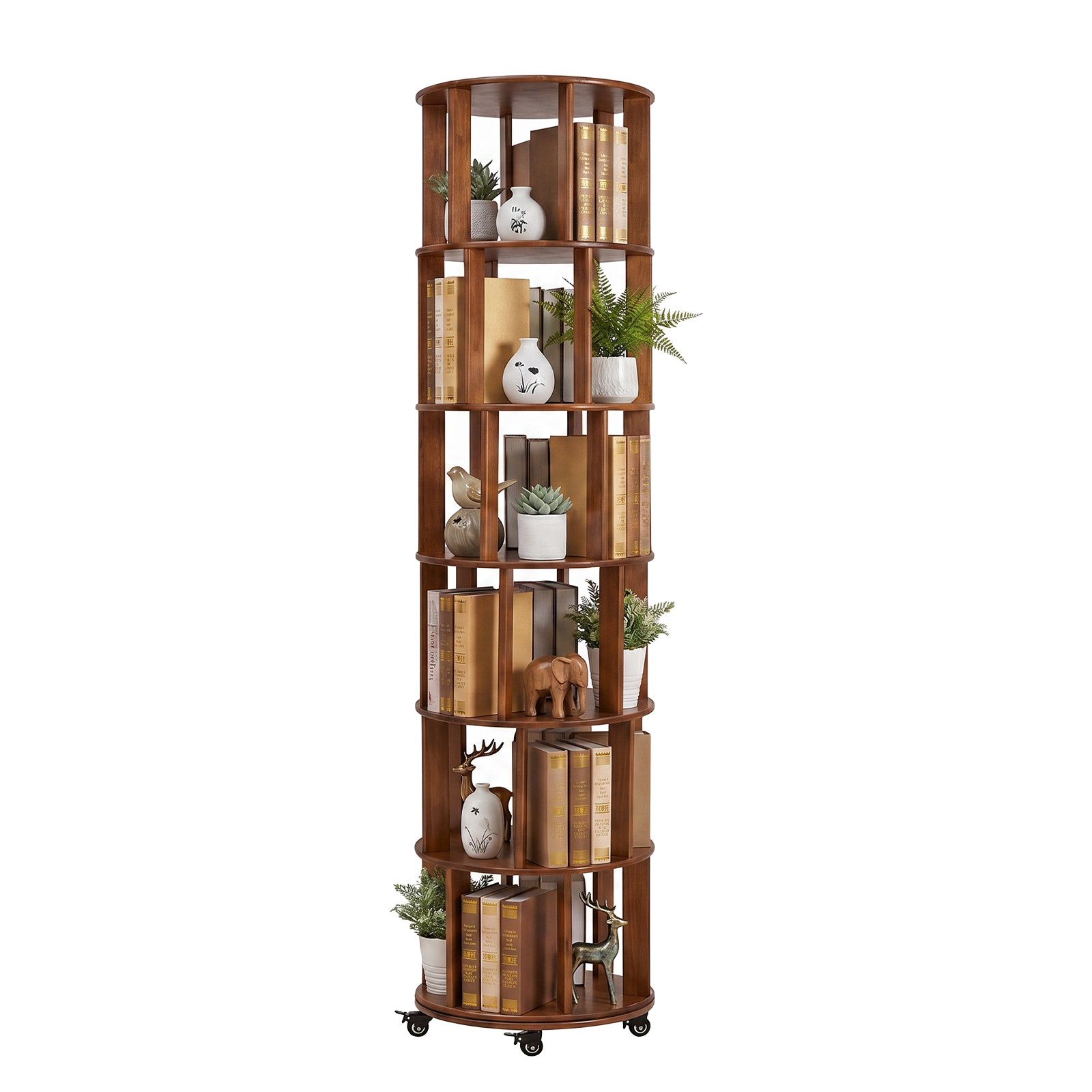 6 Tier Rotating Bookshelf, Solid Wood Rotating Bookshelf Tower with Wheels, 360° Display Round Spinning Bookshelf for Small Spaces, Corner, Bedroom, Living Room, Home, Office, Walnut image 1