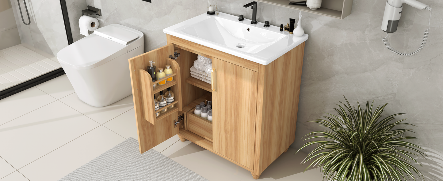 30" Bathroom Vanity with Sink Combo, Multi-functional Bathroom Cabinet with Doors and Drawer, MDF Board, Natural(Old SKU:WF319484AAG) image 2