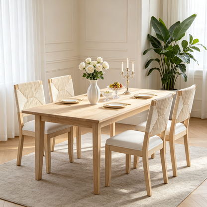 French Country Dining Chairs Set of 2, Beige Farmhouse Kitchen & Dining Room Chairs, Boho Wood Dining Chair with Woven Back & Linen Upholstered Seat, Solid Wood Frame,Beige image 11