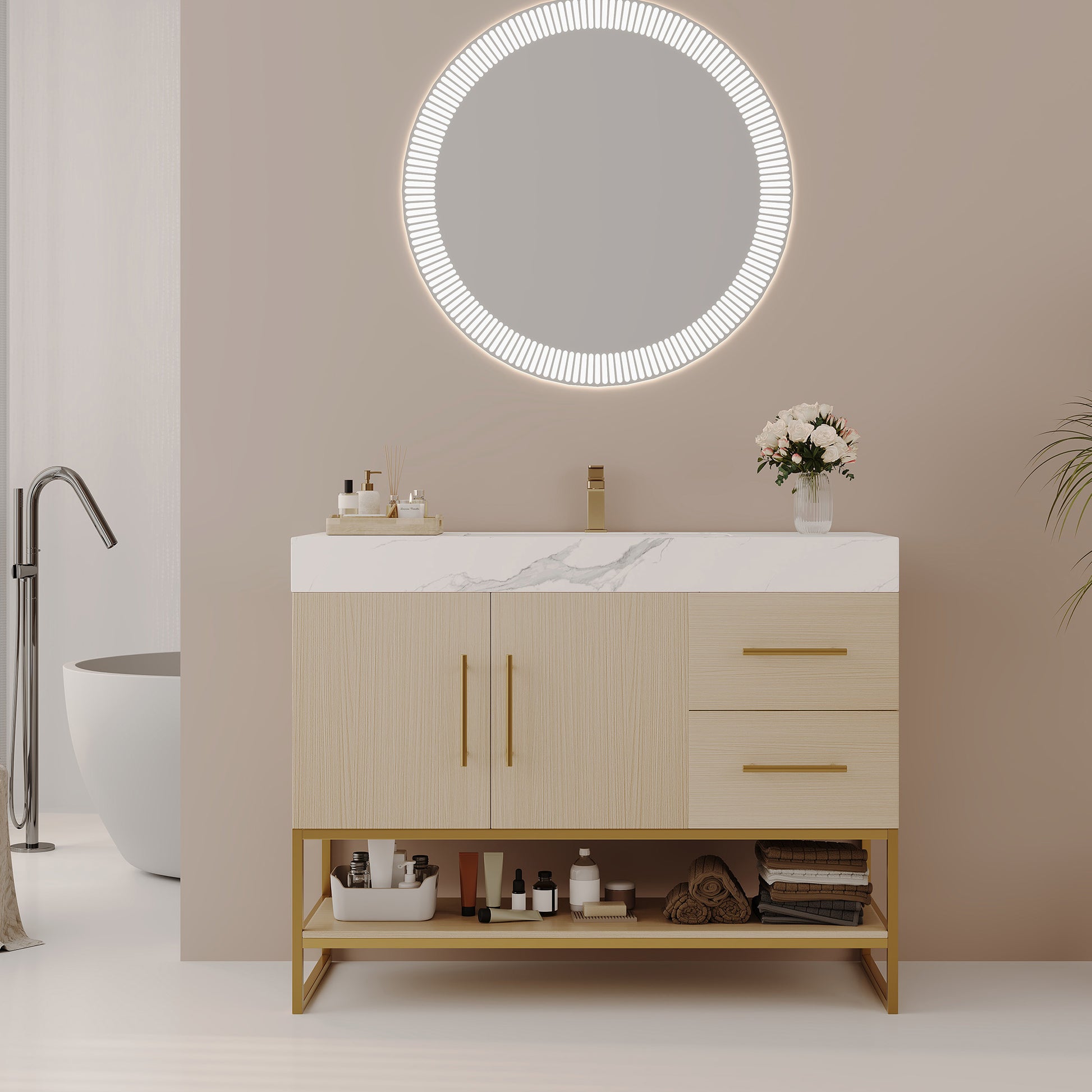 36" Modern Free-Standing Bathroom Vanity with Seamless Ceramic Sink & Sintered Stone Top image 2