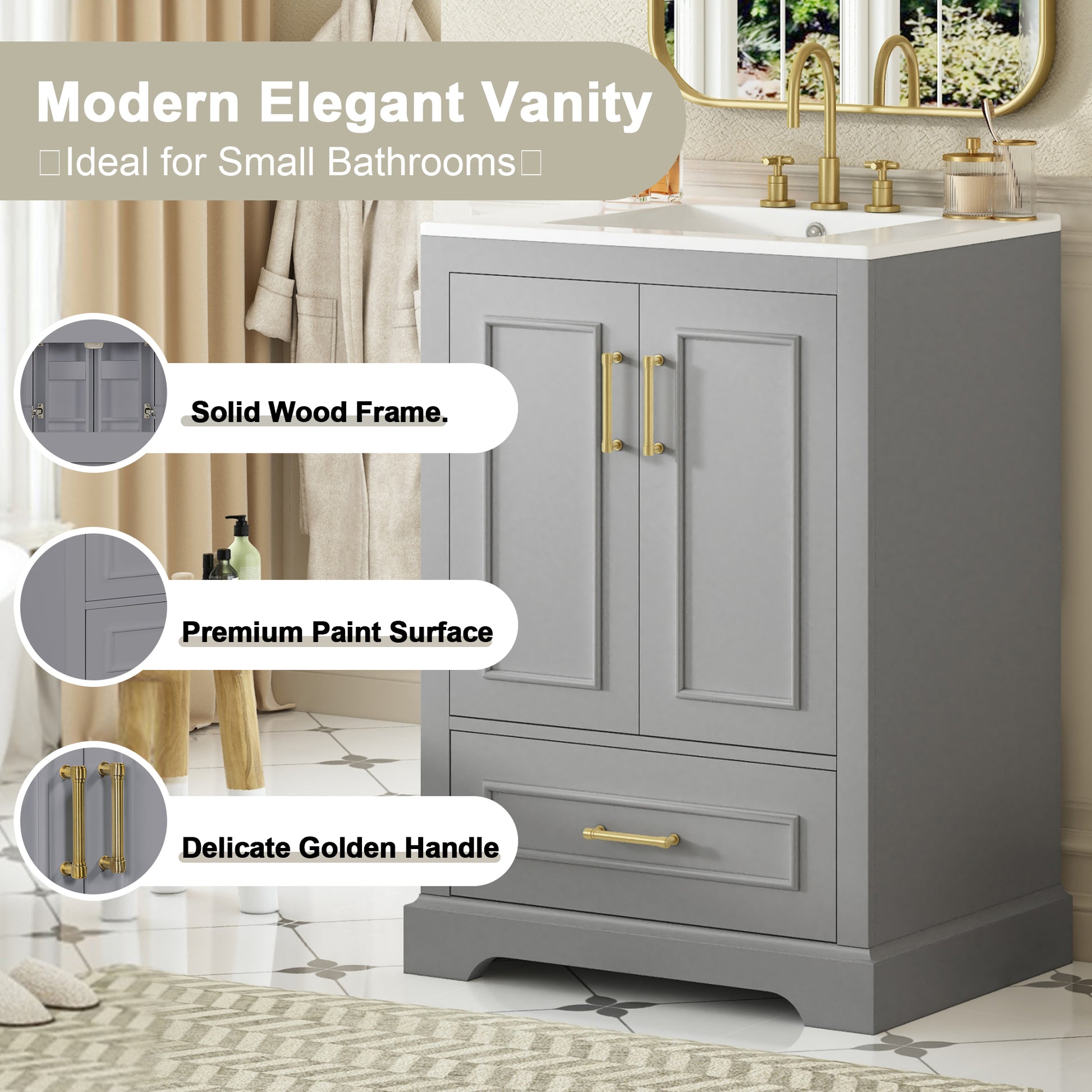 24"Bathroom Vanity with Sink, MDF Cabinet with Solid Wood Frame, 1 Divided Drawer and 2 Soft Close Doors with Double Shelf on the Door, Freestanding Vanity image 5