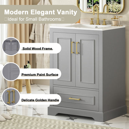 24"Bathroom Vanity with Sink, MDF Cabinet with Solid Wood Frame, 1 Divided Drawer and 2 Soft Close Doors with Double Shelf on the Door, Freestanding Vanity image 5