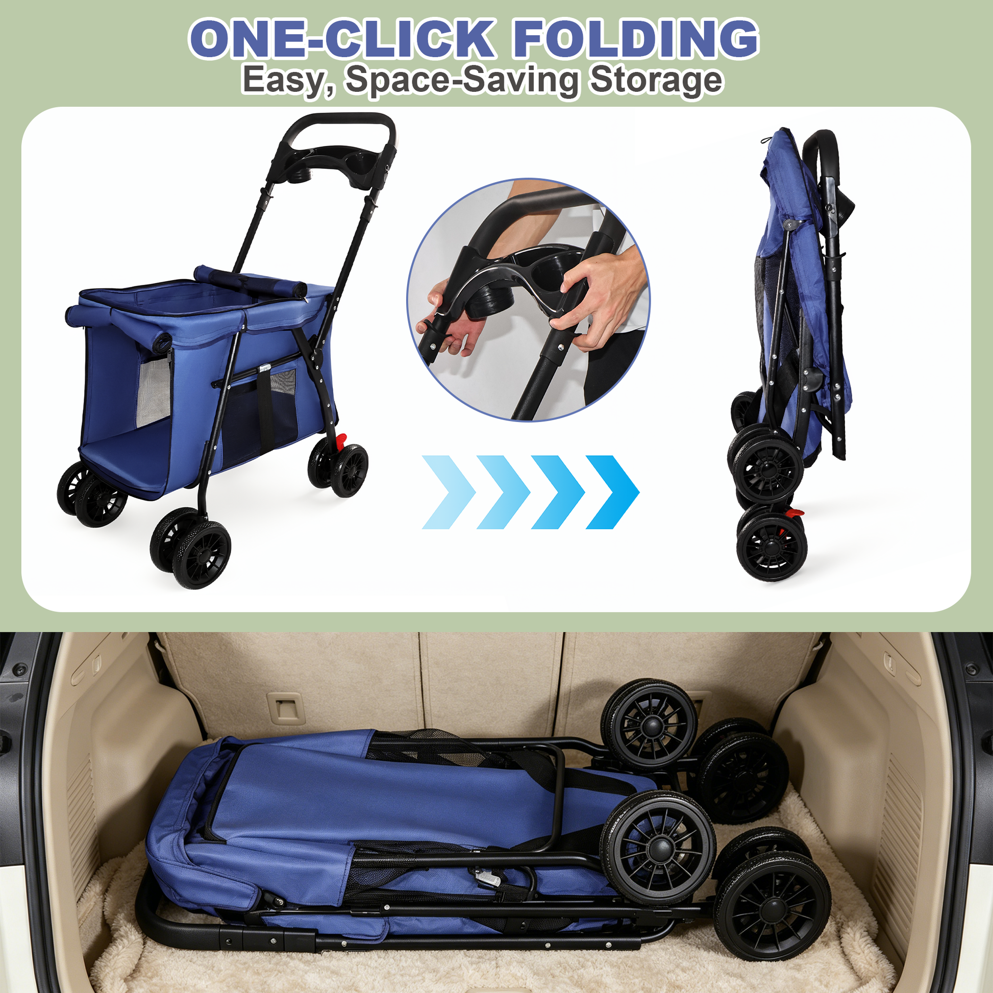 Pet Stroller, Foldable 4-Wheel Design, Breathable Mesh Dog Cat Stroller with Shockproof Wheels, Brake System, Storage Tray, 2 Fixed Safety Leashes, Large Space for Small Medium Pets, Navy Blue image 7