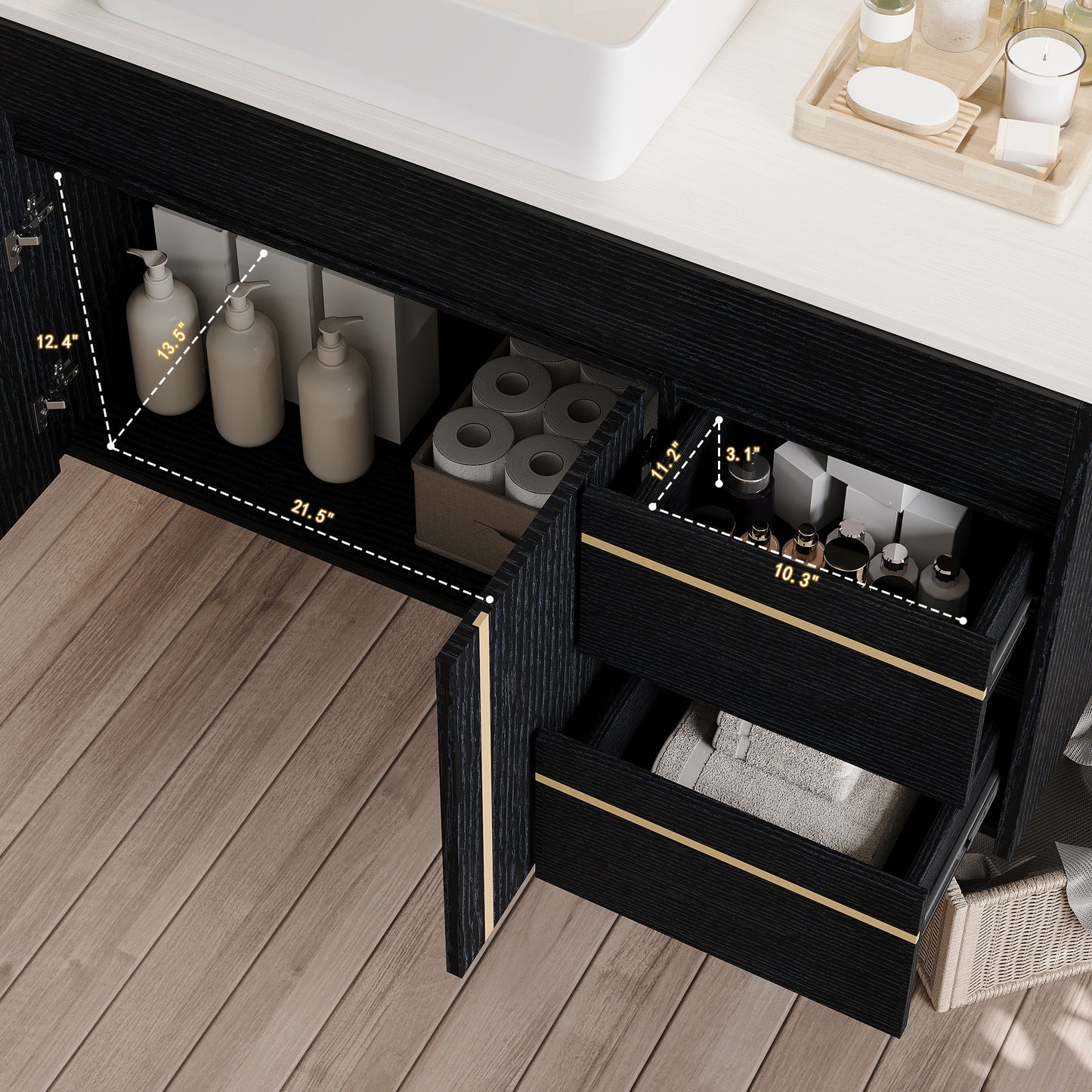 36" Wall-Mounted Bathroom Vanity with Vessel Ceramic Sink & Plywood Countertop – Soft-Close Door & Drawers, Floating Design image 10